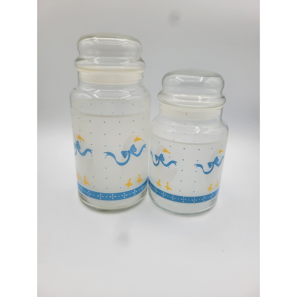 Vintage Country Goose Glass Canister Set Blue Ribbon Farmhouse Kitchen Jars 2pc